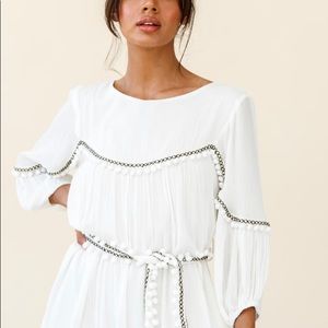Selfie Leslie - Marionette Three-Quarter Sleeve Pom-Pom Dress White NWT